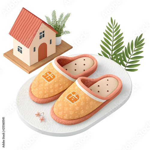 Cozy house slippers arranged with miniature home and green plants for comfort and domesticity concept