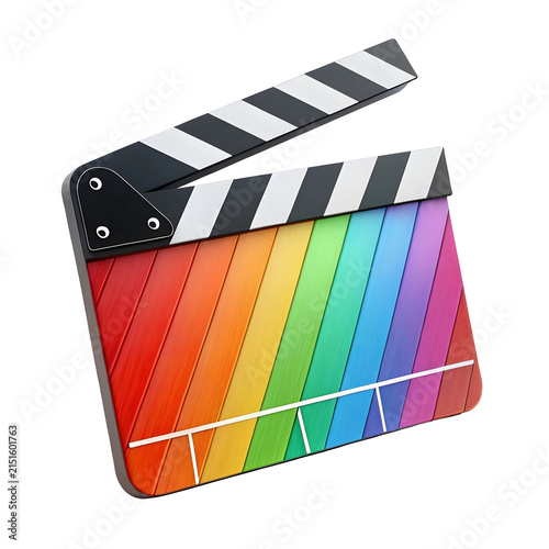 Movie clapperboard with rainbow colored wood grain surface open for filming during production
