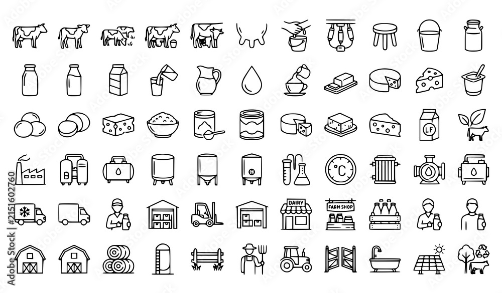 Fototapeta premium Dairy Farm Milk Production and Cheese Products Thin Line Icon Vector Set