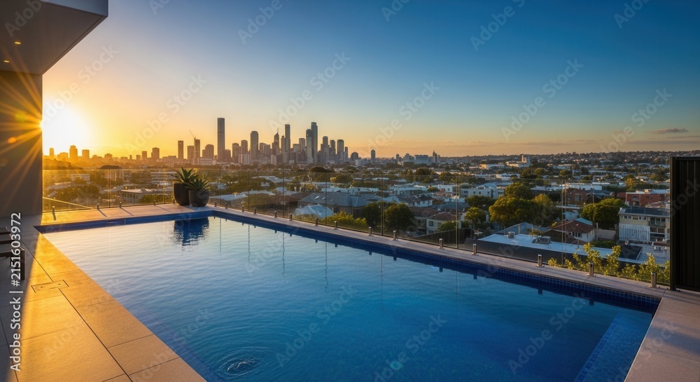 Fototapeta premium Luxury Rooftop Infinity Pool Overlooking City Skyline At Sunset