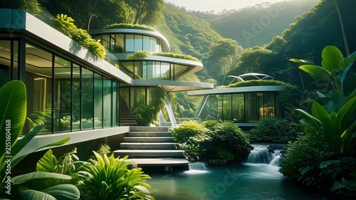 serene glasshouse walkway with lush greenery and water reflections