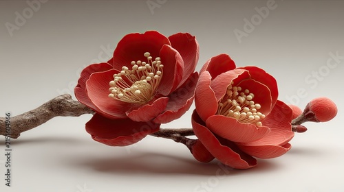 Two vibrant red blossoms on a delicate branch, softly lit against a muted backdrop