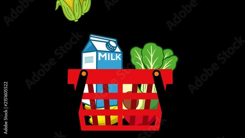 Shopping Basket Filling with Groceries Animation with Transparent Background
