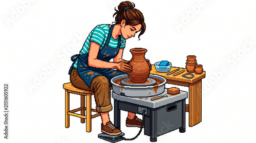 Pixel Art Ceramic Sculptor Shaping Clay Vase on Pottery Wheel