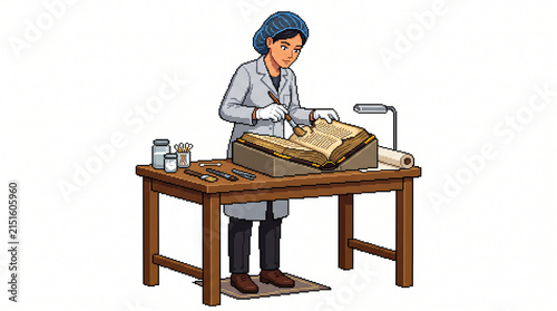 Pixel Art Book Conservator Restoring Ancient Manuscript