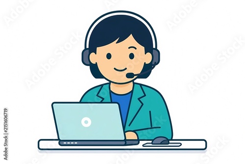 Customer service agent with headset working on laptop vector