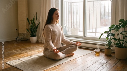 Serene woman practicing meditation and mindfulness on a yoga mat at home, surrounded by indoor plants and natural light