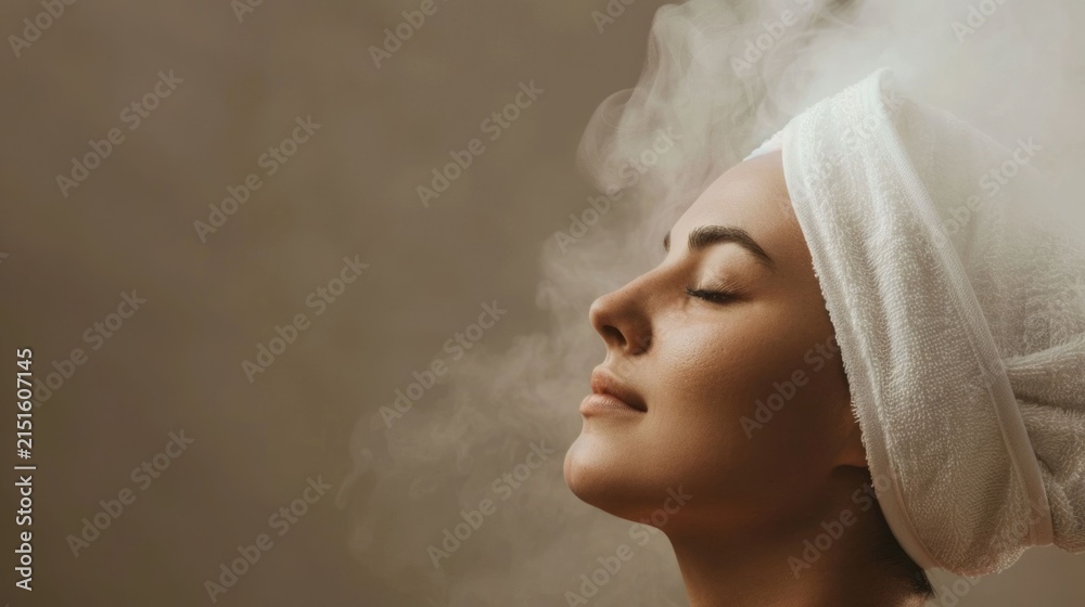 Fototapeta premium Serene woman with eyes closed a white towel wrapped around her head experiencing the soothing benefits of a facial steam treatment for enhanced skin wellness and rejuvenation