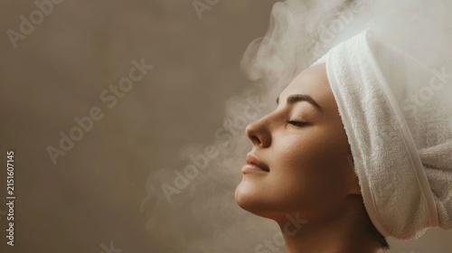 Serene woman with eyes closed a white towel wrapped around her head experiencing the soothing benefits of a facial steam treatment for enhanced skin wellness and rejuvenation