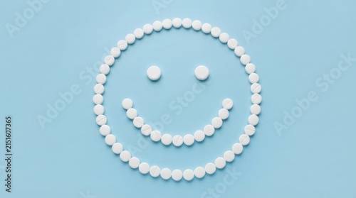 White pills arranged in a smiley face shape on a soft blue background surface