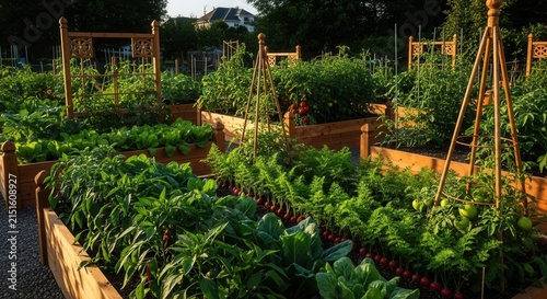 Lush Raised Garden Beds Bursting With Fresh Vegetables and Herbs In Summer Sunlight