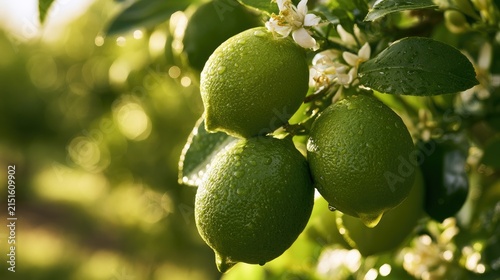 Close-up of Ripe Limes Growing on a Tree Branch with Water Droplets.
