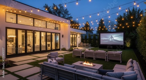 Luxurious Backyard Cinema Experience With String Lights And Fire Pit
