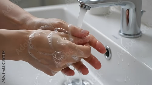 Person washing their hands thoroughly with soap under a faucet