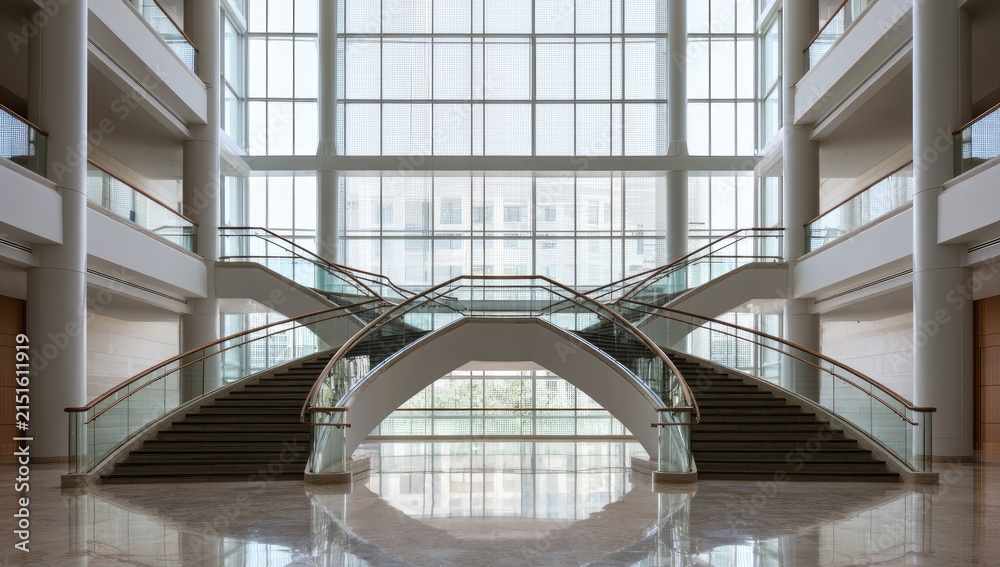 Obraz premium Grand Staircase in a Modern Building with Large Glass Windows.