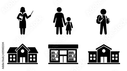 Education Icons: Teacher, Student, School Buildings, Learning Symbols, Vector Graphics for Academic Concepts