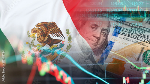 Obraz na płótnie The Mexican financial data display features the Mexico flag, US dollar banknotes