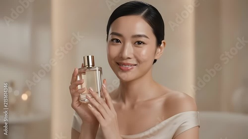 Elegant asian woman smiling while holding a luxury perfume bottle