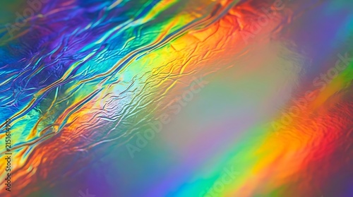 Close-up of a vibrant, textured surface displaying a full spectrum of iridescent rainbow colors, creating a holographic and abstract background.