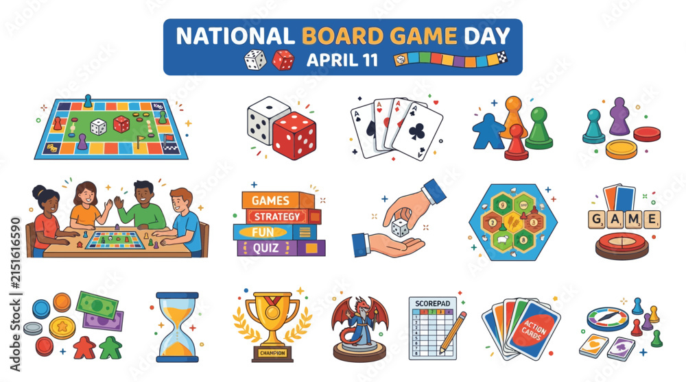Fototapeta premium Set of National Board Game Day Icons Featuring Colorful Illustrations of Tabletop Games and Strategy Play Components for April 11