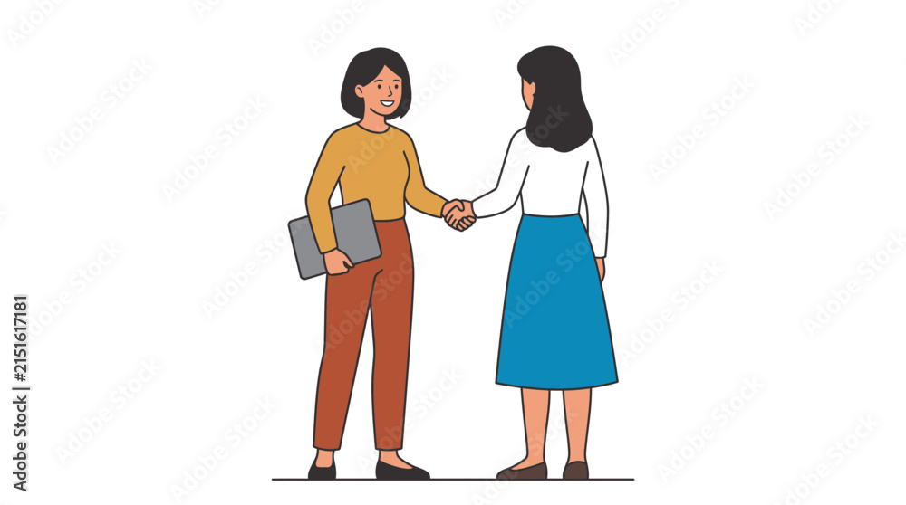 Obraz premium Professional businesswomen shaking hands while holding a sleek laptop during their productive meeting in modern style