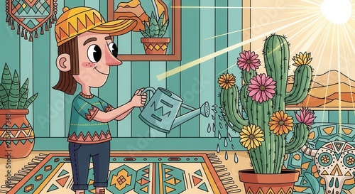 Joyful Child Watering a Blooming Cactus Indoors