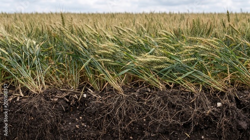 Green wheat crop field with visible roots and soil profile under a cloudy sky.