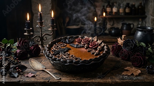 A festive pumpkin pie on a rustic wooden table wishing everyone a happy halloween celebration