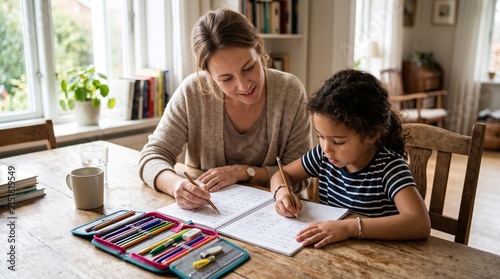 Mother helping child with homework at the dining table in a cozy home interior