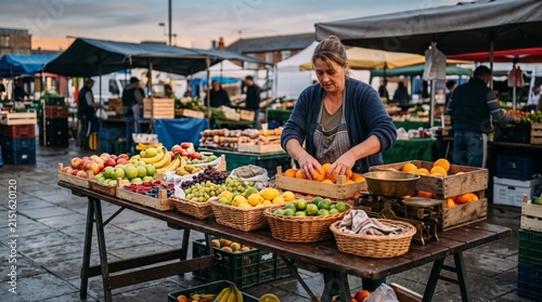 Market vendor arranging fresh fruit at an outdoor farmers market stall