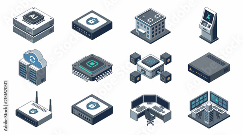Microchips and networking devices illustrated in an isometric grid showcase artificial intelligence hardware, cloud storage configurations, and professional monitoring workstations for high-end.