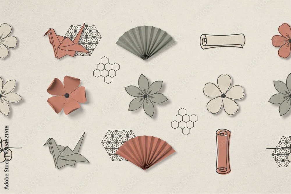 Obraz premium Collection of japanese cultural including origami cranes, folding fans, scrolls, and flowers arranged on a light beige background