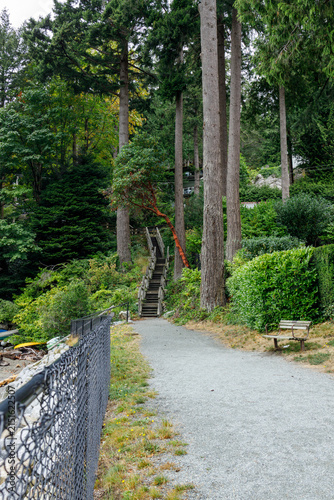 Canvastavla A gravel path leads to a wooden staircase climbing a wooded slope beneath towering firs and a leaning arbutus at Batchelor Cove, a fence, hedge and bench framing the trail in West Vancouver
