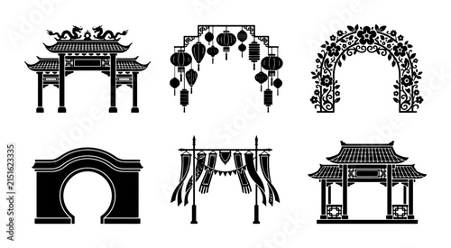 Foto Asian Archways Collection, Traditional Gates and Torii Vector Icons, Oriental Ar
