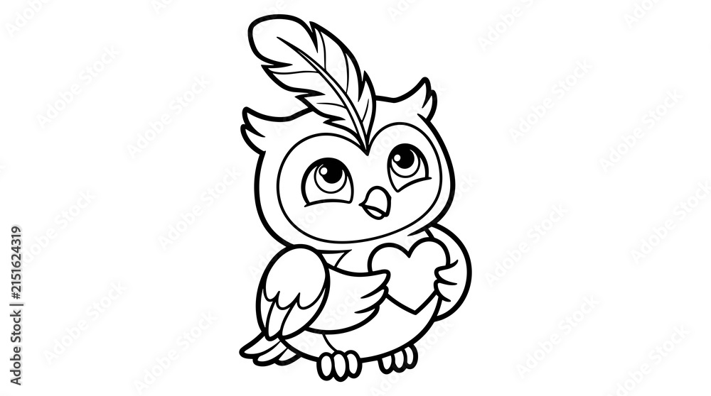 Fototapeta premium Cute cartoon owl holding a heart, with a feather on its head, isolated on white.