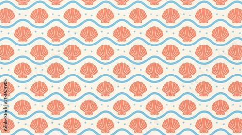 Coral scallop shells and blue wavy lines form a repeating pattern