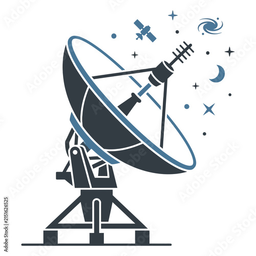 Satellite dish vector icon featuring a large radio telescope pointing toward space with stars, galaxy, and satellite. Ideal flat graphic for deep space exploration, astronomy, and telecom assets.