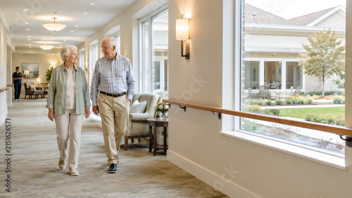 Senior couple walking along bright corridor of modern senior living facility with large windows facing courtyard garden