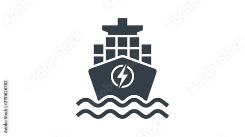 Electric cargo ship vector illustration featuring a modern container vessel silhouette with a lightning bolt symbol representing sustainable maritime shipping energy