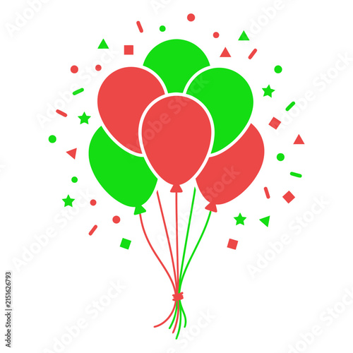 Party balloons vector icon displaying a colorful bouquet of red and green balloons surrounded by flying confetti. Ideal flat visual graphic for birthday events, holiday celebrations, and festive fun.