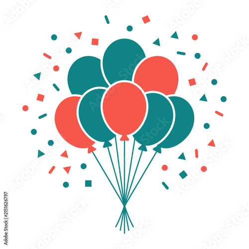 Party balloons vector icon displaying a colorful bouquet of teal and coral balloons surrounded by flying confetti. Ideal flat visual graphic for birthday events, holiday celebrations, and festive fun.