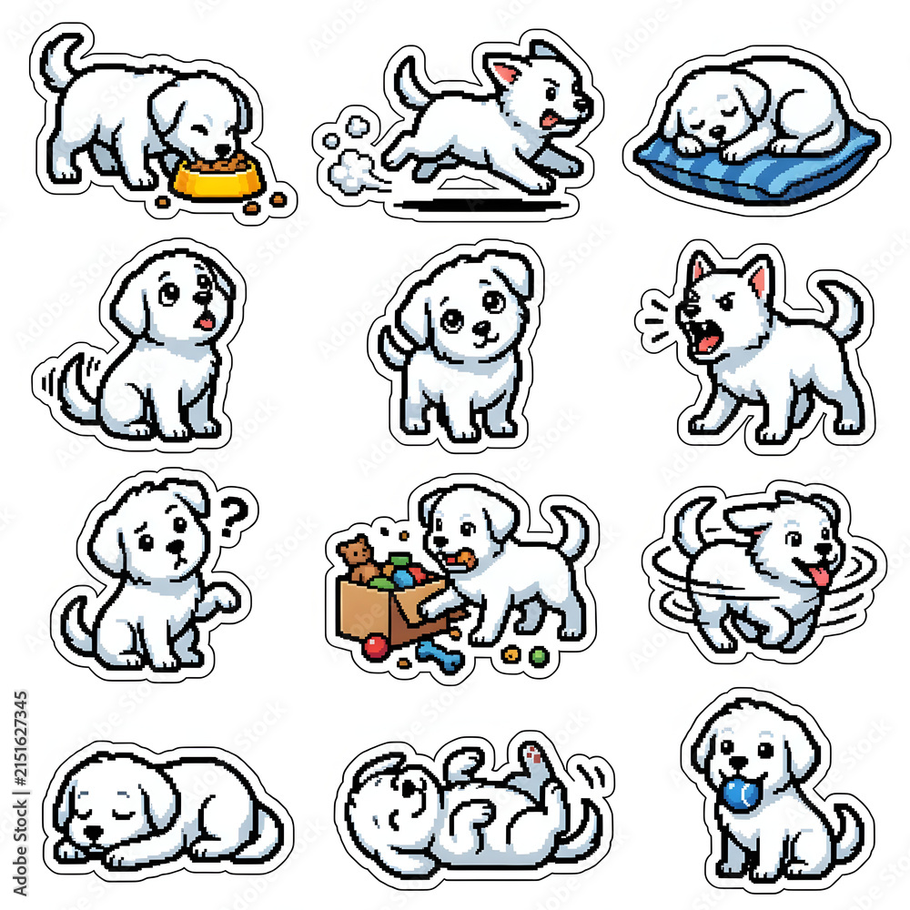 Obraz premium Cute White Puppy Pixel Art Sticker Set with Various Emotions and Actions for Game Design