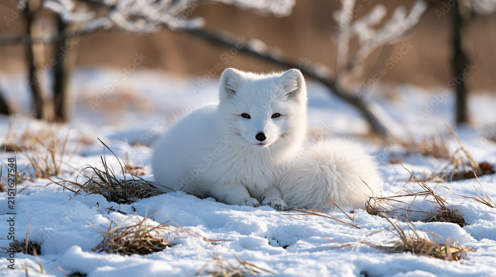 Fototapeta premium Arctic Fox Facing Camera While Resting in Cold Woodland