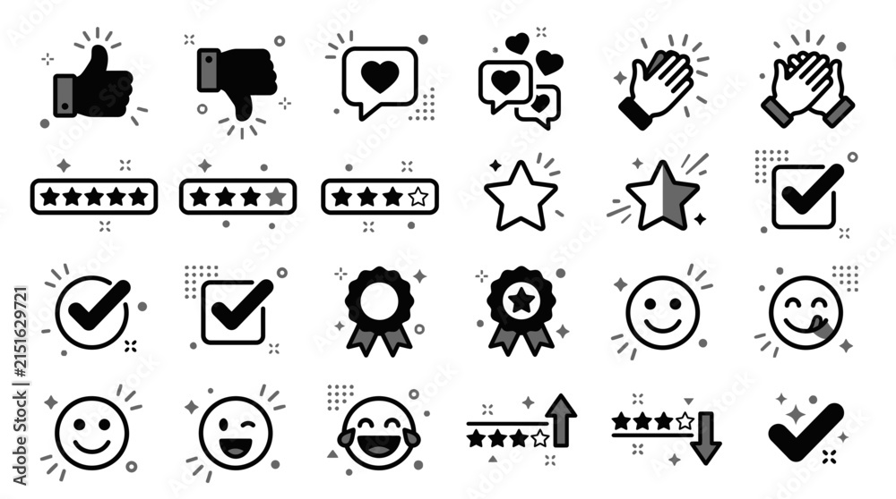 Fototapeta premium Customer feedback and rating vector icons showcasing thumbs up symbols, star rating scales and happy emoji faces, representing user satisfaction and service quality evaluation