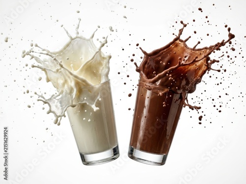 Two Glasses With Explosive Splashes Of Fresh White Milk And Creamy Chocolate