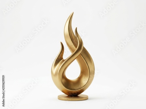 A sleek and elegant gold metallic sculpture representing a stylized abstract flame