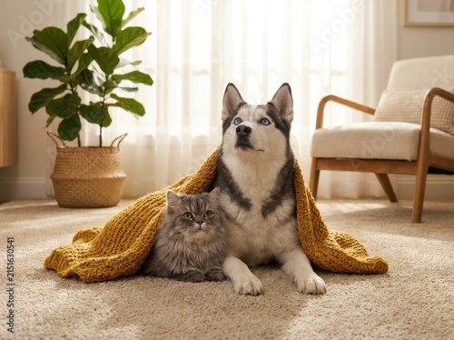 A Husky Dog And A Fluffy Grey Cat Sharing A Yellow Blanket