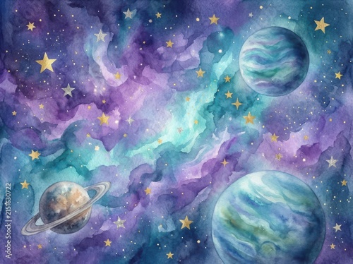 Dreamy Watercolor Galaxy Painting With Planets And Sparkling Golden Glittering Star Accents