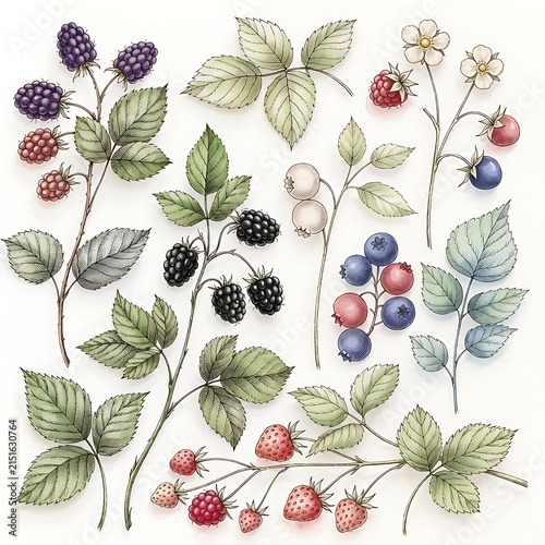 Botanical illustration of wild berries and leaves on white background.