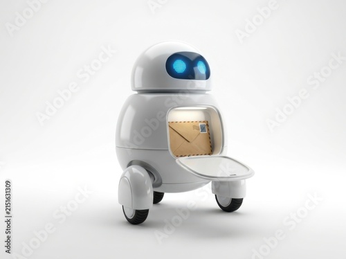 A cute white delivery robot carrying a traditional paper envelope inside compartment